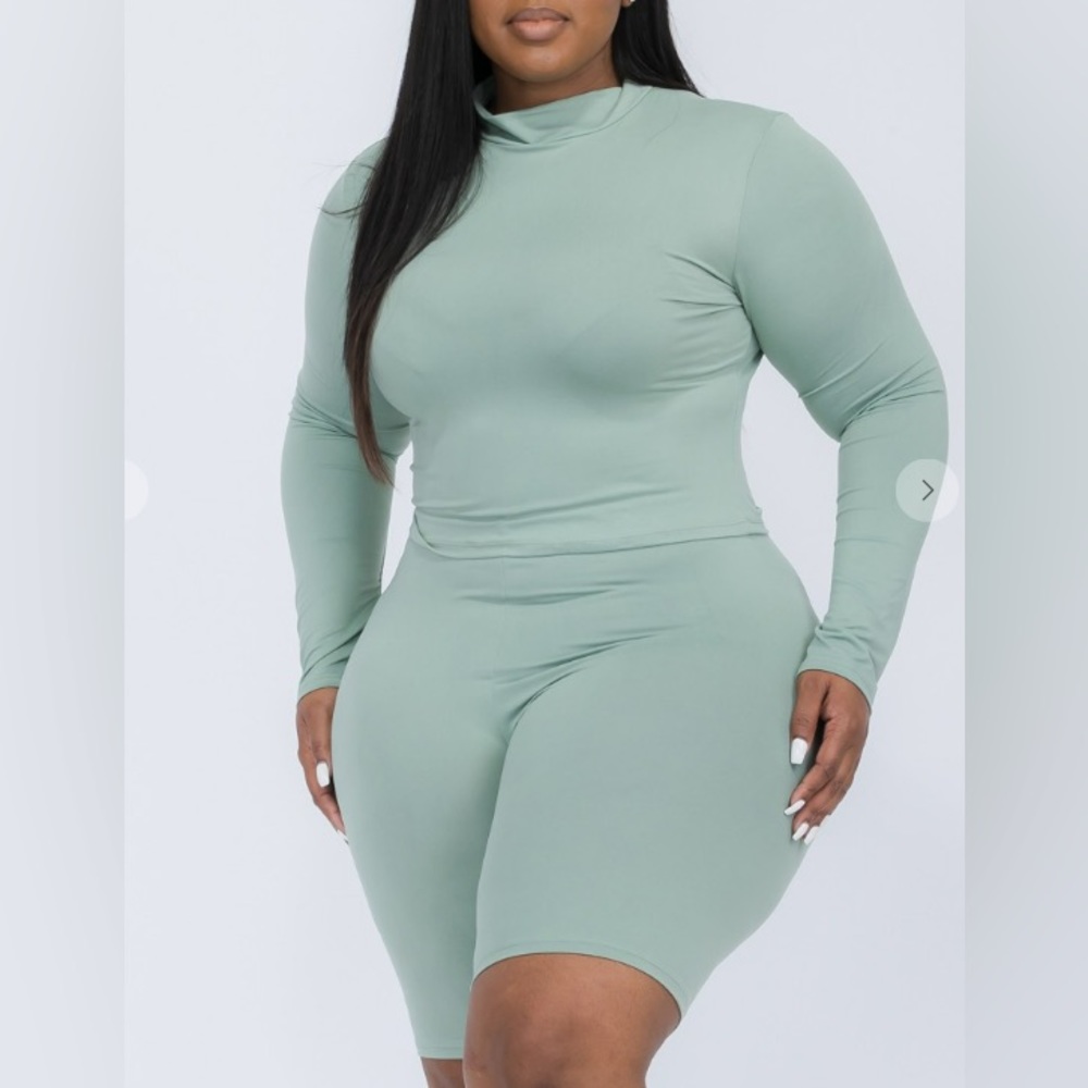 Seafoam Green  Plus Mock Neck Top & Biker Shorts Set